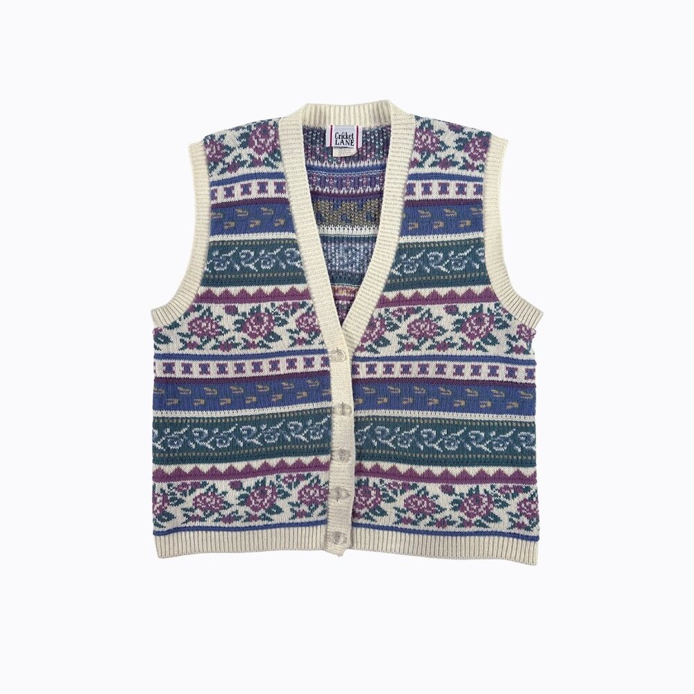 Vintage Floral Fair Isle Sweater Vest M Rosette Button Front Cottagecore Grandma